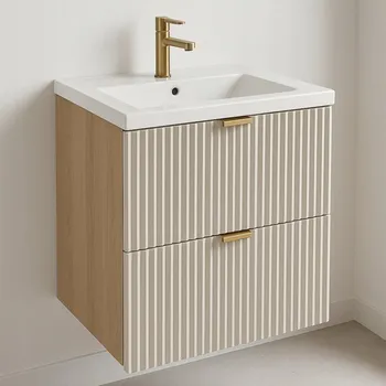 Šatní skříň Skříňka s umyvadlem 60 cm Rýhované čelo Kašmír / Ořech