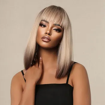 Paruka Platinová blond mikádo paruka Liora s hnědými konečky a rovnou ofinou