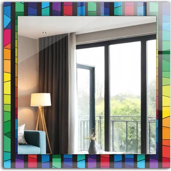 Zrcadlo Dekorativní designové zrcadlo k zavěšení, styl loft, barevné vitrážové pruhy, 60x60 cm