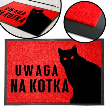 VSTUPNÍ ROHOŽKA MONOCHROM ČERVENÁ PŘED DVEŘE NÁPIS UWAGA NA KOTKA VZ