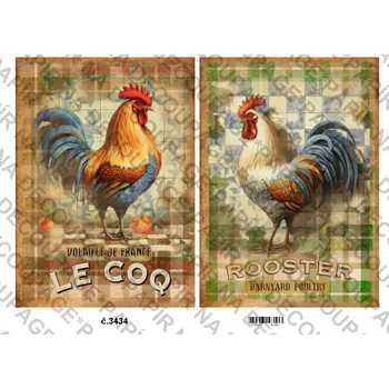 Umělecký papír Rýžový a soft papír na decoupage - Kohouti, slepice vintage - KB3434 Materiál: Soft, Rozměr: A4
