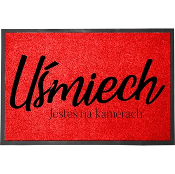 Vstupní rohožka před dveře ČERVENÁ NÁPIS UŚMIECH JESTEŚ NA KAMERACH