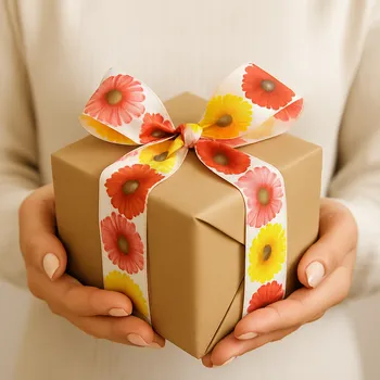 Stuha Stuha taftová GERBERA YELLOW fotopotisk 40mm x 2m (13,-Kč/m) (Stuha taftová, jednostranný fotopotisk Gerbera, s vlascem v lemu)