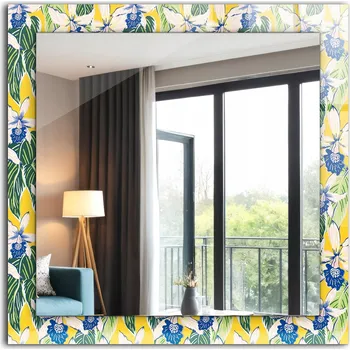 Zrcadlo Čtvercové nástěnné zrcadlo s potiskem motivu Květiny a listy 60 x 60 cm