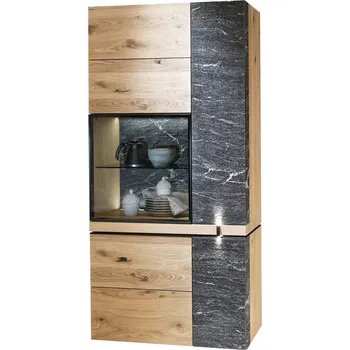 Televizní stolek Vysoká vitrínová skříň Stein 97 x 202 x 43 masiv dub, MDF, sklo, kámen