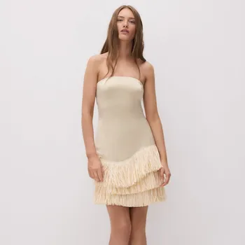 Dámské šaty Reserved - Šaty bandeau s třásněmi - tělová - 574GH-02X - 574GH-02X-XS