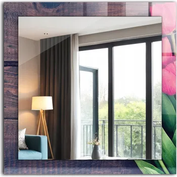 Zrcadlo Moderní čtvercové zrcadlo s potiskem Růžové tulipány dřevo 60 x 60 cm