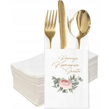 Papírový ubrousek Ubrousky ke SVATÉ PŘIJÍMÁNÍ, POUZDRO kapsičky na PŘÍBORY, dekorace stolu KVĚTINY růžové
