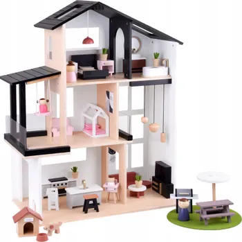 Domeček pro panenku PATROVÝ MODERNÍ DŘEVĚNÝ DOMEČEK PRO PANENKY S NÁBYTKEM A DALŠÍMI DOPLŇKY