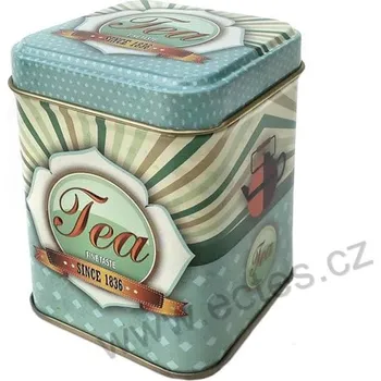 Dóza na potraviny ChaCult TEA HENNY plechová dóza na čaj 7421 zarámovaný nápis "Tea" s oranžovými konvičkami na bleděmodrém pozadí