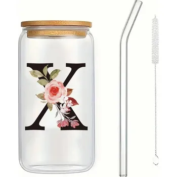 Sklenice Dárková sklenice s víčkem a brčkem, motiv písmen | Sklenice s brčkem, Personalizovaná sklenice - X , 500 ml