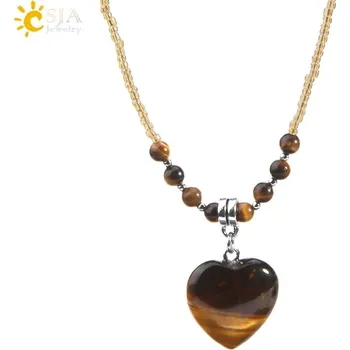 Náhrdelník Minerální náhrdelník ve tvaru srdce | Náhrdelník pro ženy, skleněné korálky - tygří oko