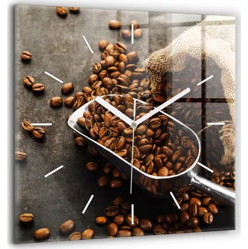 Hodiny Minimalistické skleněné nástěnné hodiny s grafikou - pytel kávových zrn 60x60 cm