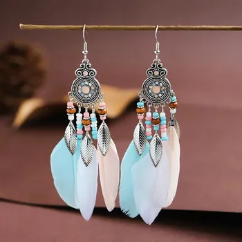 Náušnice Boho náušnice s dřevěnými korálky a peříčky | etno šperky, elegantní doplňky - 2