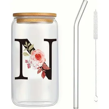 Sklenice Dárková sklenice s víčkem a brčkem, motiv písmen | Sklenice s brčkem, Personalizovaná sklenice - N , 500 ml