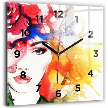 Hodiny Skleněné hodiny s tichým mechanismem, nástěnné, loft styl, barevný portrét ženy, 30x30 cm