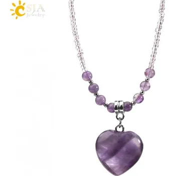 Náhrdelník Minerální náhrdelník ve tvaru srdce | Náhrdelník pro ženy, skleněné korálky - Ametyst