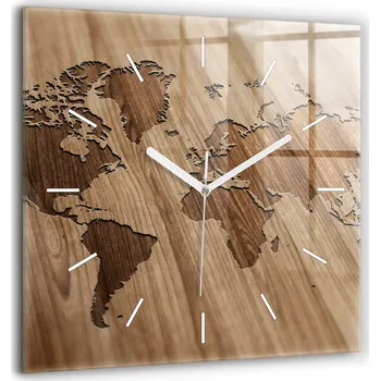 Hodiny Velké Skleněné Nástěnné Hodiny Tichý chod Obývací pokoj Mapa světa na dřevě