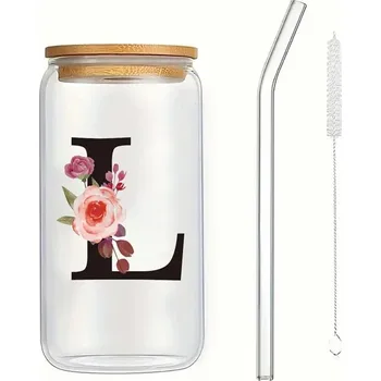 Sklenice Dárková sklenice s víčkem a brčkem, motiv písmen | Sklenice s brčkem, Personalizovaná sklenice - L , 500 ml