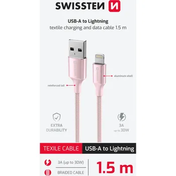 Datový kabel Swissten DATOVÝ KABEL TEXTILE II USB / LIGHTNING 1,5 M RŮŽOVÝ