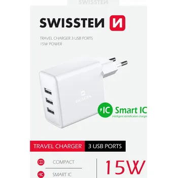Swissten SÍŤOVÝ ADAPTÉR 3X USB 3A 15W BÍLÝ
