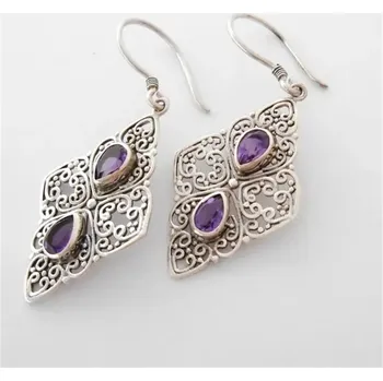 Náušnice Visací náušnice s fialovým kamenem | vintage náušnice, geometrické náušnice
