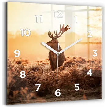 Hodiny Skleněné nástěnné hodiny do kanceláře s grafikou: Jelen při východu slunce, 30x30 cm