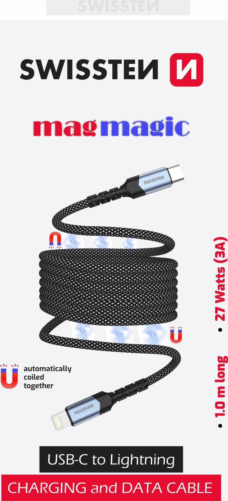 Swissten MAGNETICKÝ DATOVÝ KABEL SAMONAVÍJECÍ USB-C / LIGHTNING 1 M