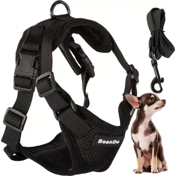 Postroj pro psa Beztlakový postroj pro malé psy s vodítkem, prodyšný a nastavitelný, velikost s – černý