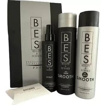Kosmetická sada Bes dárková sada Smooth – uhlazující šampon 300 ml, balzám 300 ml a maska 12v1 150 ml | Dárkové balení s přívěskem Swarovski