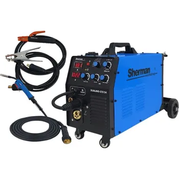 Sherman Invertorová svářečka DUALMIG 210 S4 s kolečky a policí na láhve + Hořák + Kabely