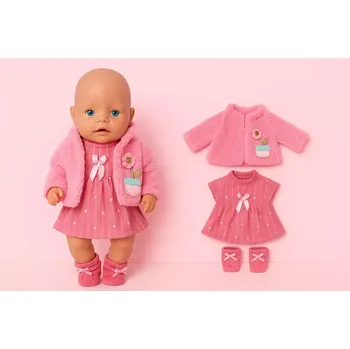 Šatičky, kabátek a ponožky pro panenku o velikosti 43cm