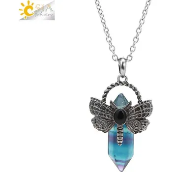 Náhrdelník Náhrdelník vážka s přírodním kamenem | přívěsek vážka, šperk s kamenem - Fluoritový řetězec