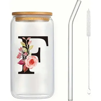 Sklenice Dárková sklenice s víčkem a brčkem, motiv písmen | Sklenice s brčkem, Personalizovaná sklenice - F , 500 ml