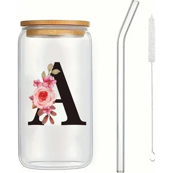 Sklenice Dárková sklenice s víčkem a brčkem, motiv písmen | Sklenice s brčkem, Personalizovaná sklenice - A , 500 ml