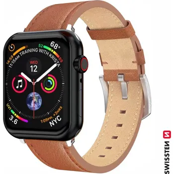 Řemínek na hodinky Swissten ŘEMÍNEK PRO APPLE WATCH KOŽENÝ 42 / 44 / 45 / 49 MM HNĚDÝ (STŘÍBRNÁ SPONA A STŘÍBRNÉ POUTKO)