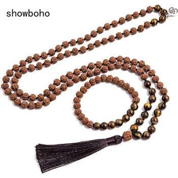 Náhrdelník Rudraksha japa mala s tygřím okem | meditační náhrdelník, tibetský šperk - s náramkem