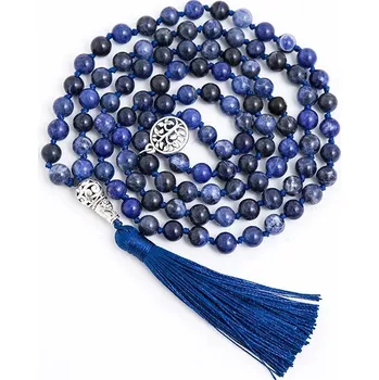 Náhrdelník Japa mala náhrdelník z přírodního sodalitu ručně vázaný | korálkový náhrdelník, dlouhý náhrdelník - N-S0040-A-8mm