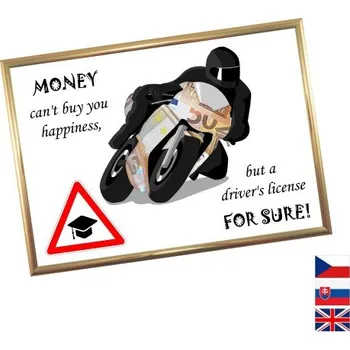 Žertovný předmět Rámeček na darování peněz - Autoškola - motorka, Nápis anglicky, Rámeček 203 - zlatá metalická