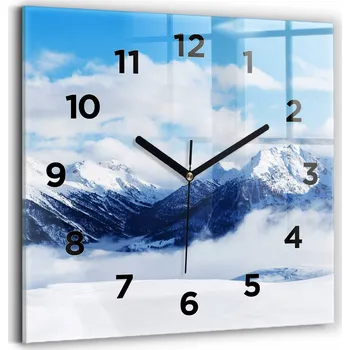 Hodiny Čtvercové Skleněné Nástěnné Hodiny do Obýváku s Motivem Horského Panoráma 30x30 cm