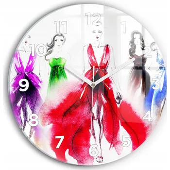Hodiny Čtvercové Skleněné Foto Hodiny na Zeď Ženy v barevných šatech průměr 30 cm