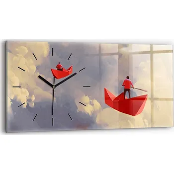 Hodiny Moderní skleněné nástěnné hodiny s potiskem 60 cm x 30 cm Papírové lodě