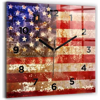 Hodiny Skleněné nástěnné hodiny do kanceláře s grafikou vlajky USA ve vintage stylu 30x30 cm