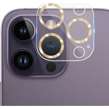 Tvrzené sklo s kovovými rámečky k ochraně čoček fotoaparátu pro iPhone 14 Pro / 14 Pro Max - zlaté