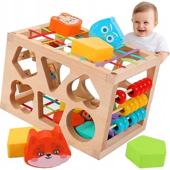 Dřevěná hračka DREWNIANY SORTER KLOCKÓW ELASTYCZNA KOSTKA SENZORICKÁ MONTESSORI GUMIČKY 12