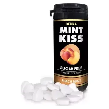 Bonbon Mátové osvěžující pastilky bez cukru MINT KISS, peach mint. Originální kombinace jemné máty a šťavnaté broskve, která poskytuje jemné, ale účinné osvěžení dechu – bez cukru a zbytečných kalorií. 28g