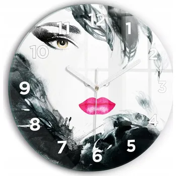 Hodiny Minimalistické Skleněné Nástěnné Hodiny Portrét ženy červené rty průměr 30 cm