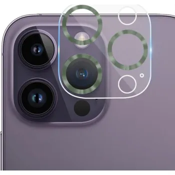Tvrzené sklo s kovovými rámečky k ochraně čoček fotoaparátu pro iPhone 14 Pro / 14 Pro Max - zelené