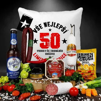 Dárkový potravinový koš Persi - Masožravý dárkový koš s bůčkem a pivem pro chlapa k 50 narozeninám anebo vánocům