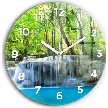 Hodiny Kulatý Skleněné Nástěnné Hodiny do Obýváku s Grafikou Vodopád v lese fi60 cm